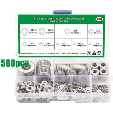 Metal Washers, 580 Pieces Stainless Steel Washer, Flat Washers and Safety Washers 304 Stainless Steel, Penny Washers, Flat Gasket for Screws and Bolts-M2 M2.5 M3 M4 M5 M6 M8 M10 M12 (1/4)