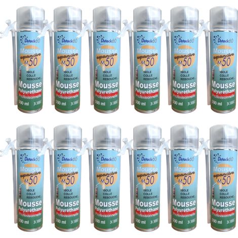 DSTOCK60- 12 mousses expansives manuelles 500ml - Mousse polyuréthane pro - Isole. colle. rebouche - Extérieur & Intérieur