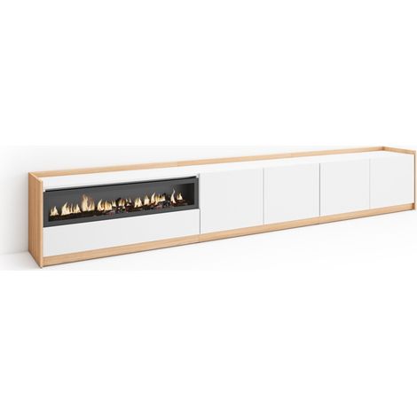 Skraut Home - Mobile TV Soggiorno, 310x37x50cm, Per TV fino a 80", Camino elettrico, Bianco e Rovere soft (1/5)