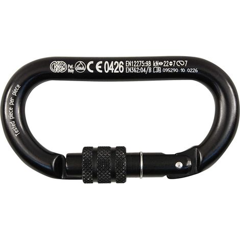 Kong. Oval Alu Classic Screw Sleeve. Moschettone in Alluminio con Ghiera a Vite. Compatibile con Bloccanti e Carrucole. Keylock Anti-Impiglio. Certificato EN 362/B, 12275/B. Peso 65g. Nero