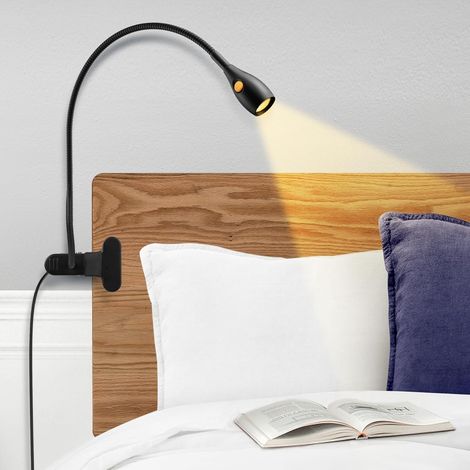 Minimalist Reading Light Clip on Lamp for Bed Headboard Dimmable Book Light, 3000K/Amber Light with USB-C Adapter, Flexible Gooseneck & Handy Lamp Head Switch, CRI 90+, Black (1/5)