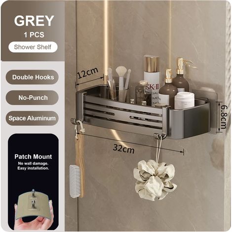 (gris-1) Étagère murale rectangulaire pour salle de bain, porte-serviettes, porte-shampoing mural pour douche, sans perçage (1/5)
