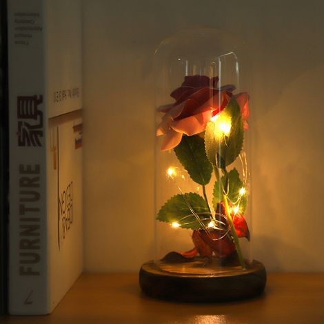 Rose éternelle LED sous verre avec socle en bois, cadeau Saint-Valentin mariage, rose cloche lumineuse rose (1/5)