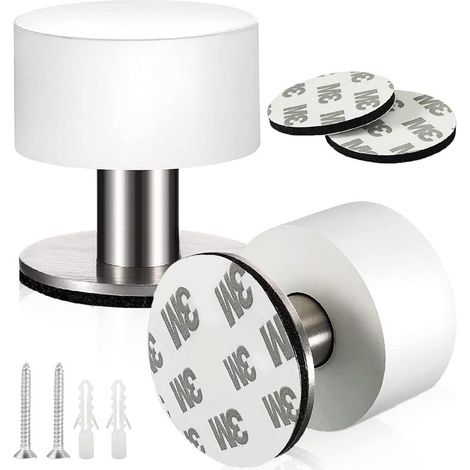 2 Pcs Arret de Porte Sol Butoir Porte Acier Inoxydable Butée de Porte Adhésive Arrêt de Porte à Double Usage avec Amortisseur de Son pour Interieur et Exterieur (Blanc) (1/5)