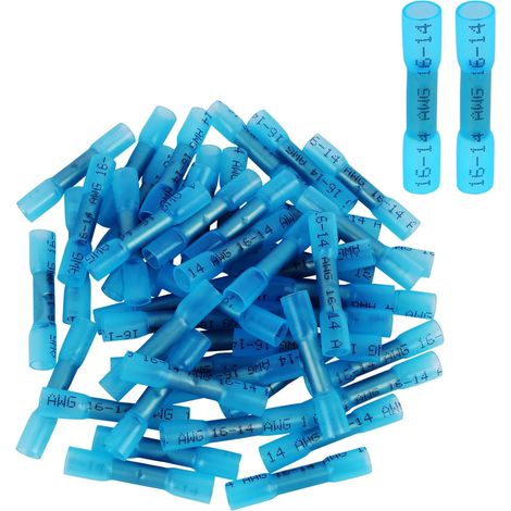 50 pièces Cosse Thermoretractable 16-14 AWG Connecteur, connecteur thermorétractable Bleu, Connecteur à sertir pour connexions de câbles, Connecteur de passage pour voiture et électronique (1/5)