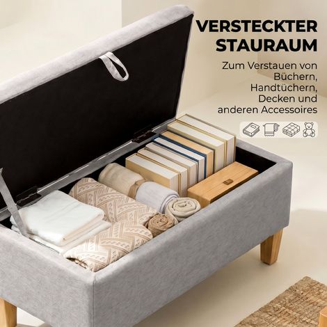Coffre de rangement en lin, pouf rembourré avec pieds en bois d'hévéa, gris clair (1/5)
