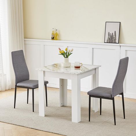 75x75cm Square Dining Table and Chairs Set, Small Dining Room Set High Gloss Dining Table with Chairs Home Furniture (Grey Faux Leather, Marble-White Table with 2 Chairs) (1/5)