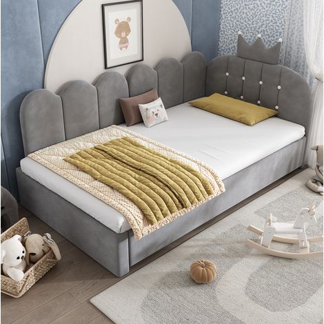 Lit adulte rangement 90x200 velours gris avec lit tiroir HAVRYA (1/5)