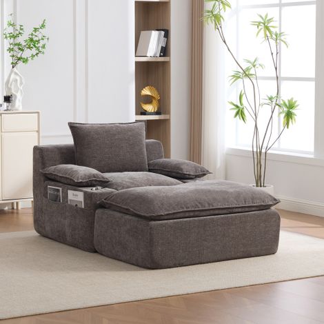 Chaise longue relaxante en chenille, livrée sous vide avec 4 coussins, un porte-gobelet et un sac de rangement. Aucun assemblage requis. Idéale pour le salon ou le balcon. Grise. (1/5)