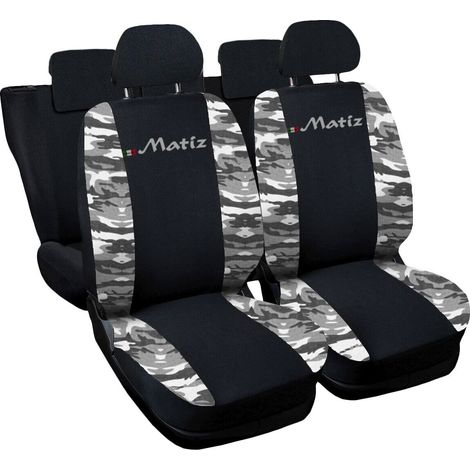 Lupex shop - Coprisedili Auto Compatibili per Matiz 5 porte, Made In Italy, set di copri sedili anteriori e posteriori con copri poggiatesta incluso, tessuto poliestere, Nero / Mim. Chiaro (1/4)