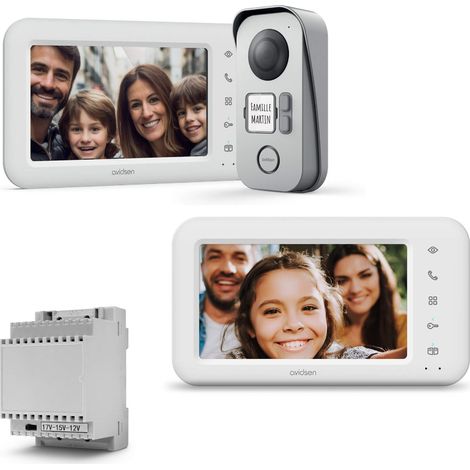 Kit de videoportero con cable para 2 viviendas + pantalla adicional + transformador