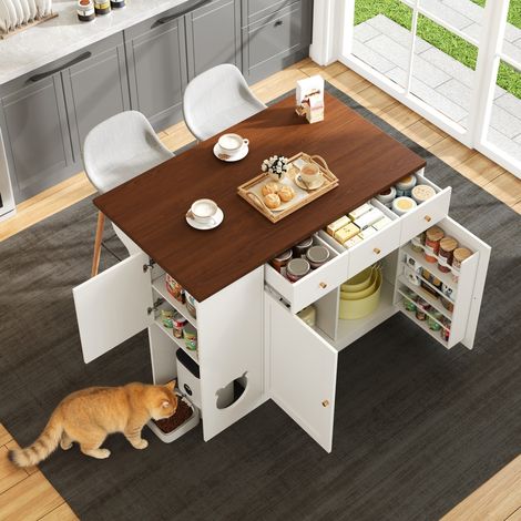 Isla de cocina 120x70x90 cm de MDF blanco y nogal, extensible para cocina FloraGrace (1/5)