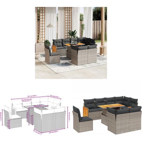 9-tlg. Garten-Sofagarnitur mit Kissen Grau Poly Rattan - Gartensorte - Outdoor Möbel - Lounge Set - Gartenlounge - Rattan Gartenmöbel - Home & Living (1/3)