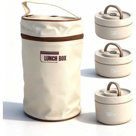 4 Pièces Boîte à lunch, Acier inoxydable 304, Récipient thermique rond, Sac isotherme beige, Pour travail école plein air