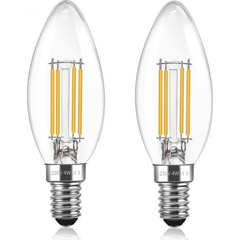 Lot de 2 Ampoule LED Filament C35 E14 4W, Ampoule Vintage E14 Equivalent à Lampe Halogène 40W, 400LM Blanc Chaud 2700K, AC 230V, Forme Bougie, Transparent Verre, Non Dimmable