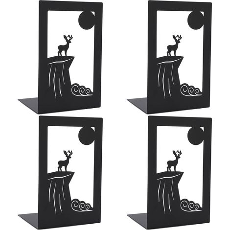 Lot de 4 serre-livres métalliques robustes, supports de livres verticaux antidérapants avec 4 patins en mousse, pour étagères, école, bureau, finition cerf (1/5)