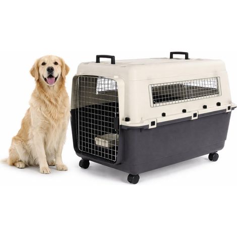 Cage pour Chien - Cage de Transport Chien - Gris foncé - XL 60 x 90 x 68,5 cm - Plastique Robuste - Porte métallique - verrou de sécurité - 2 poignées - gamelle Amovible (1/3)