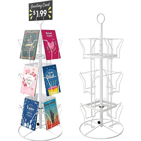 PréSentoir Pour Cartes Postales, MéTallique Porte-Cartes à 3 Niveaux Rotatif à 360° Avec 12 Compartiments Porte-Cartes Blanc Pour Cartes Postales Autocollants Photos Timbres Expositions MarchéS (1/5)