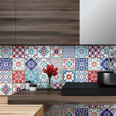 Sticker Mural Carrelage adhésif Cuisine Salle de Bain - 24 STICKERS CARREAUX DE CIMENT AZULEJOS LUCILIO - 24stickers10x10cm (1/5)
