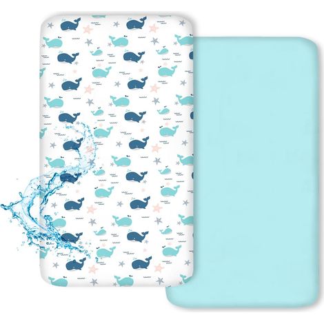2-Piece Baby Bed Sheets 70 x 140 cm 100% Waterproof Breathable Removable and Washable Mattress Protector Cute Designs for Cot and Baby Mattress (Whale) (1/5)