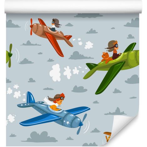 Papel pintado de niños en coloridos aviones para salón y dormitorio, 50x1000 cm. (1/5)
