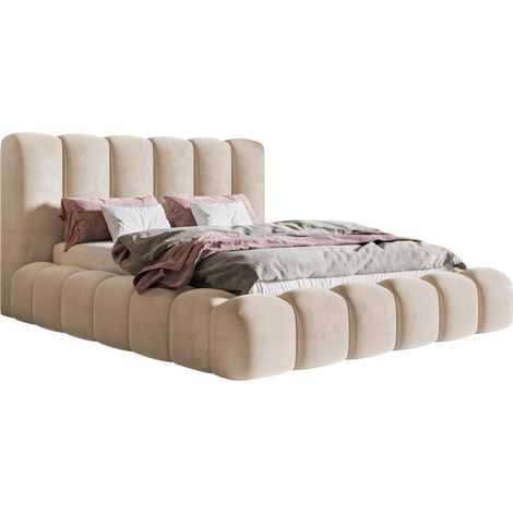 Emporius Lit rembourré avec rangement 180x200 Madeno - tissu velours, mousse épaisse, lit beige (1/5)