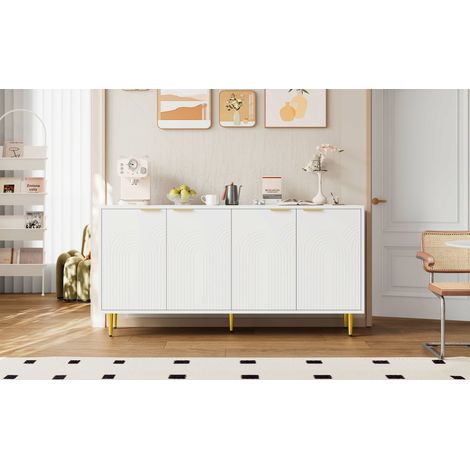 Buffet bas salon, commode 4 portes avec poignées dorées brossées et pieds laqués brillants, meuble de rangement blanc, dimensions 160×80×40 cm (L×H×P) (1/5)