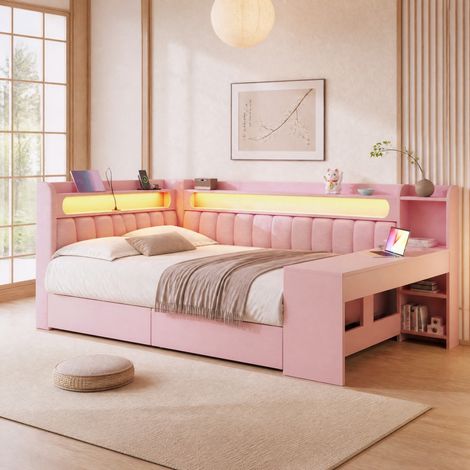 Letto matrimoniale 140x200 cm rosa in MDF e compensato con scrivania, senza materasso – MEUBLIV (1/5)