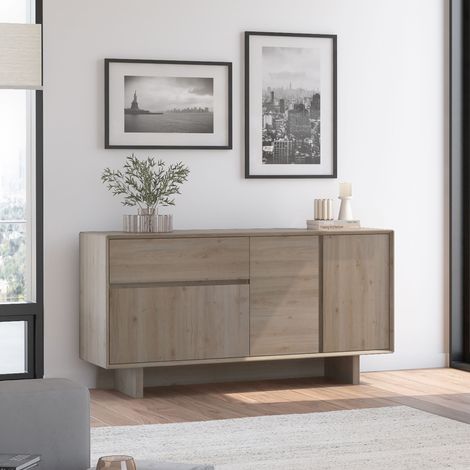 Buffet 3 portes 1 tiroir 146x45x76 cm effet chêne - FHURI (1/5)