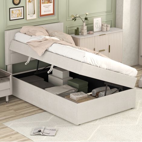 Bett Einzelbett Stauraum 90x200 Leinen Beige HAVRYA (1/5)