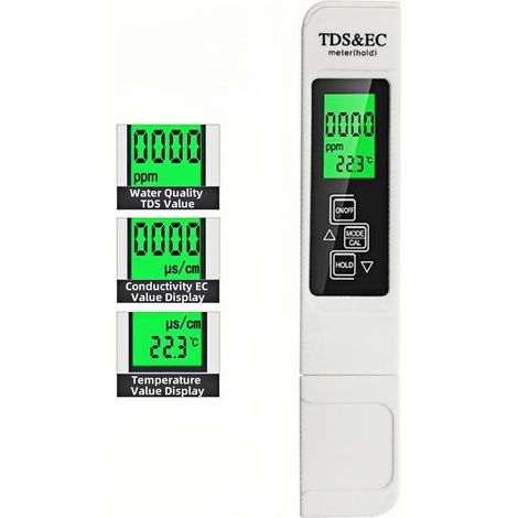 Testeur d'eau numérique 4 en 1 – TDS, EC, PPM et température – Écran couleur – Aquarium, hydroponie, eau potable (1/5)