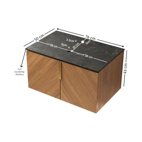 Plan de travail et meuble 76cm en pierre frittée noire, sans évier ni mitigeur ni accessoires de vidage, aspect chêne brun. (1/5)