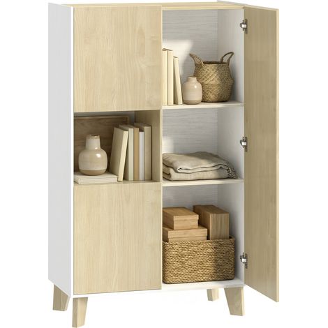 Credenza Cucina, Mobile Cucina a 6 Scomparti con Ante Soft Close per Soggiorno, Salotto, Bianco e Color Legno