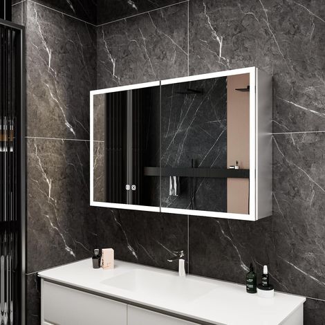 Mutital Armadietto Specchio Bagno LED 80 × 60 cm con 2 Ante, Antiappannamento, 3 Colori di Luce, Comando Touch, Presa Integrata e Ripiani in Vetro Regolabili (1/5)