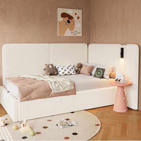 Bett Schlafbett Stauraum 90x200 Bouclé Beige OKMYHOME (1/5)
