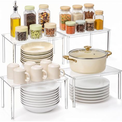 Lot de 4 Rangements pour Placard de Cuisine–Étagères Empilables en Acrylique, Organisateur Transparent pour Épices, Tasses et Petits Ustensiles, Gain de Place pour Armoire et Tiroir (1/5)