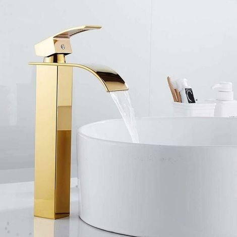 Mitigeur Lavabo Design, Robinet Évier Cascade Buse Plate, Mélangeur Salle de Bain Eau Chaude Froide, Finition Chrome Moderne, Or Haut Disponible (1/4)
