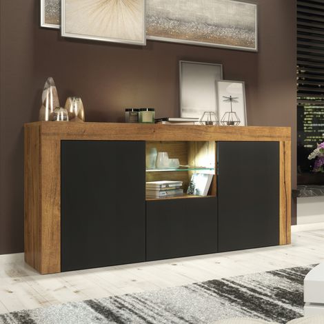 Aurora Sideboard 145cm - Dark Oak with Black Matt Doors & LED