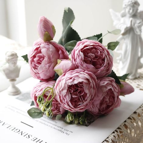 Bouquet De Fleurs Artificielles - Pivoines En Soie Synthétique - Décoration Mariage Fête Maison Bureau Jardin - 1 Unité (5 Têtes) (1/2)