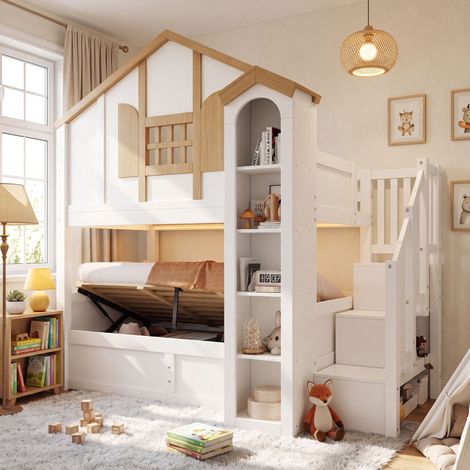 Modernluxe - Lit superposé enfant 90x200 cm - Lit inférieur coffre - LED et escalier de rangement - Blanc et naturel (sans matelas) (1/5)