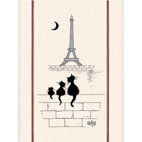 Torchon de Cuisine Grand Format 100% Coton Motif Chats Tour Eiffel Écru - PANGIVO