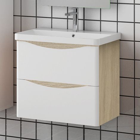 Meuble salle de bain 59x34.5x50cm 2 tiroirs meuble suspendu avec la vasque couleur blanc et bois (1/4)