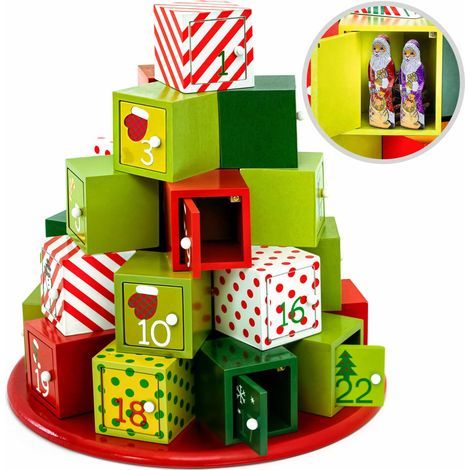 Deuba – Calendrier de l'Avent en bois réutilisable – 24 tiroirs à remplir – Modèle Montagne de cadeaux – Décoration Noël intérieure (1/5)