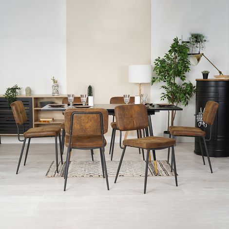 MEUBLES COSY WHALEN N KAROMI Ensemble de table à manger extensible à allonge avec 6 chaises style industriel, table rectangulaire en MDF noir et chaise en marron tissu (1/5)