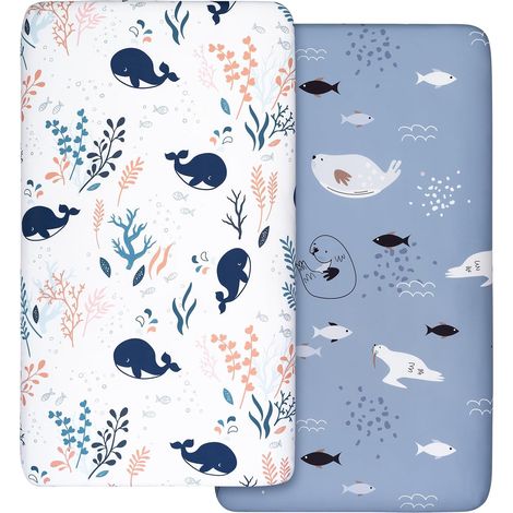 Lot de 2 draps-housses 100 % microfibre respirants, confortables et légers, s'adaptent à toutes les formes de matelas de berceau, sablier, ovale (baleines) (1/5)