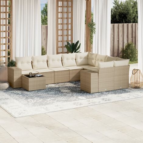 vidaXL Cojines para sofás - Juego de sofás jardín con cojines beige 10 pzas ratán sintético (1/5)