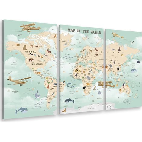 Tableau triptyque enfant map of animals world - 90x60 cm (1/4)