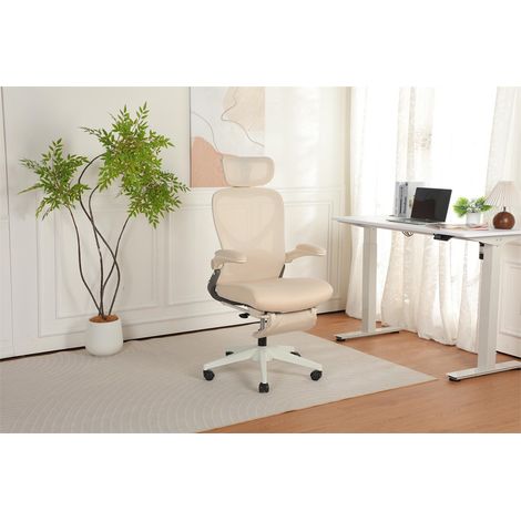 Chaise de Bureau Ergonomique Pliable - 62x48.5x129cm - Fauteuil Dossier Maille et Assise en Mousse avec Repose-Pieds - Crème (1/5)