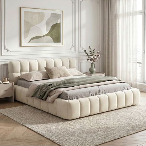 Lit capitonné 140x190 cm avec sommier à lattes, Lit Bubble 140x190 avec tête de lit rembourré, Lit 2 places pour adulte adolescent, Tissu Lin, Beige (1/5)
