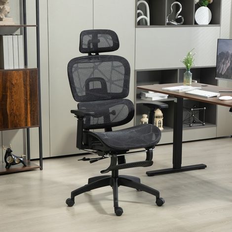 Sedia da ufficio ergonomica con poggiatesta, supporto lombare, poggiapiedi e schienale in rete nera (1/5)